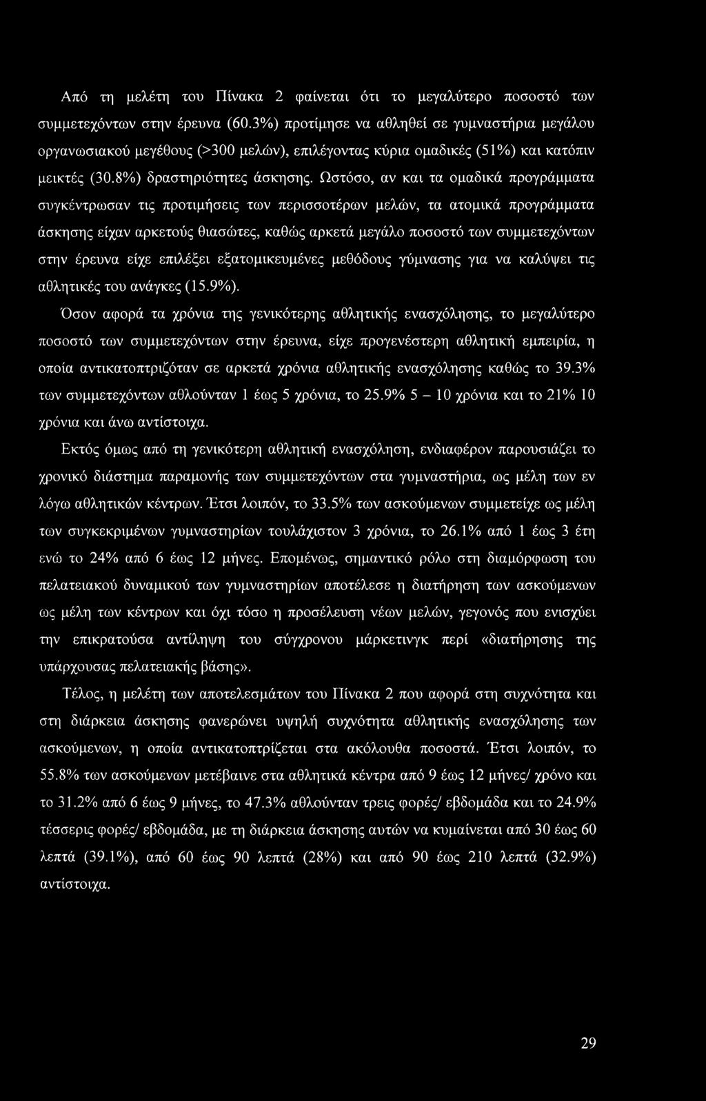 Από τη μελέτη του Πίνακα 2 φαίνεται ότι το μεγαλύτερο ποσοστό των συμμετεχόντων στην έρευνα (60.