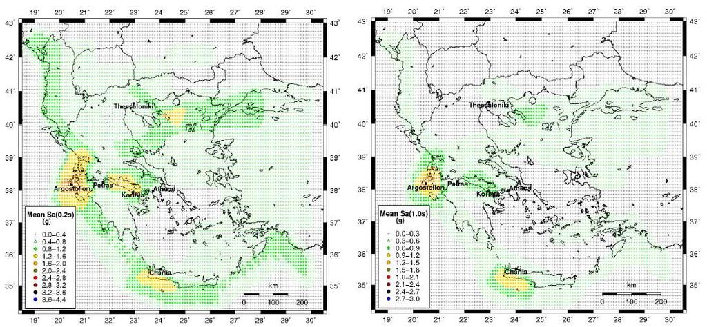 Κεφάλαιο 2 Σεισμική Επικινδυνότητα του Βράχου της Ακρόπολης των Αθηνών Εικόνα 2.8: Χάρτες Σεισμικής Επικινδυνότητας της Ελλάδας για εδαφική επιτάχυνση και περιόδους 0.