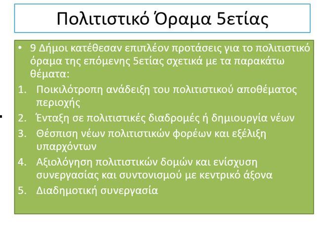 Πρώτα συμπεράσματα / σχόλια : Επικρατεί η επιθυμία των Δήμων να αποτελέσουν πρότυπο πολιτιστικής ανάπτυξης και