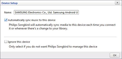 Η συσκευή συγχρονίζεται αυτόματα με το Philips Songbird. Αν δεν επιλέξετε τον αυτόματο συγχρονισμό, μπορείτε να συγχρονίσετε τη συσκευή με το Songbird με μη αυτόματο τρόπο.