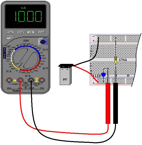 Zadatak 3. Električno mjerenje Izvrši mjerenje struje kroz plavu svjetleću diodu koja je spojena na napon od 9V preko otpornika od 470 Ω. Rezultat upiši u tablicu 2.