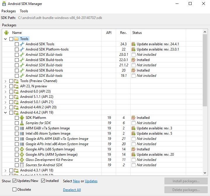 Εικόνα 31. Το Android SDK Manager Το Android SDK είναι το βασικότερο εργαλείο για τους προγραμματιστές οι οποίοι αναπτύσσουν εφαρμογές για το Android.