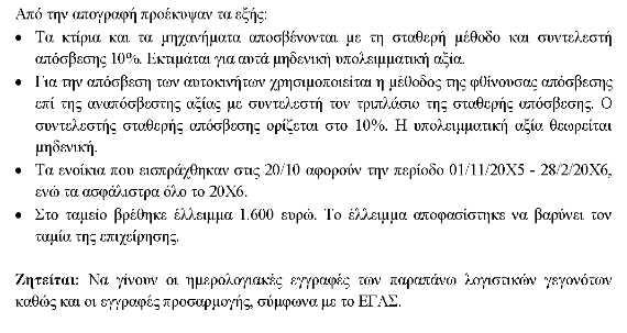 Εγγραφές προσαρμογής α/α Ημερομηνία Κωδικός Λογαριασμός Χρέωση Πίστωση α. 31//20X5 66.02 Αποσβέσεις μηχανημάτων.500 (1).99 Αποσβεσμένα μηχανήματα.500 (1) Αιτιολογία : Αποσβέσεις μηχανημάτων β.