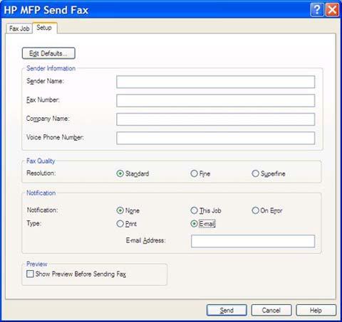 β. Στο παράθυρο διαλόγου HP MFP Send Fax, κάντε κλικ στην καρτέλα Fax Job (Εργασία φαξ). ΣΗΜΕΙΩΣΗ Οι πληροφορίες εγκατάστασης δεν απαιτούνται για την αποστολή μιας δοκιμαστικής σελίδας.
