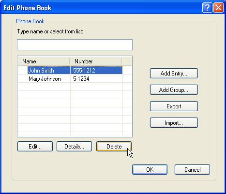 3. Στο παράθυρο διαλόγου Edit Phone Book (Επεξεργασία τηλεφωνικού καταλόγου), επιλέξτε το όνομα που θέλετε να διαγράψετε και στη συνέχεια κάντε κλικ στο Delete (Διαγραφή).