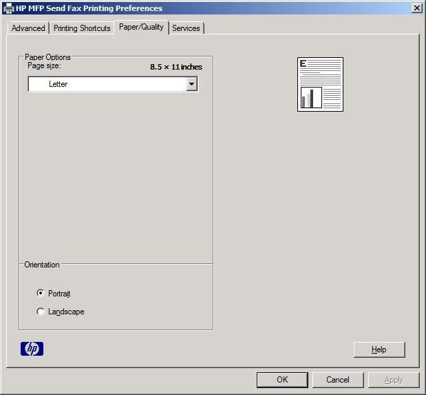 Ρύθμιση των προτιμήσεων εκτυπωτή του προγράμματος οδήγησης φαξ Για να ορίσετε τις βασικές επιλογές εκτύπωσης του προγράμματος οδήγησης MFP Send Fax μέσω των Windows, ακολουθήστε τα παρακάτω βήματα: 1.