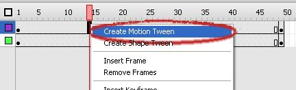 Εικόνα 4.6.10. Δημιουργία Motion Tween Επιλέγουμε το frame 1 για να τοποθετήσουμε την κεφαλή της ταινίας στην αρχή και στη συνέχεια με δεξί κλικ στο layer 2, ενεργοποιούμε ξανά την επιλογή «Mask».
