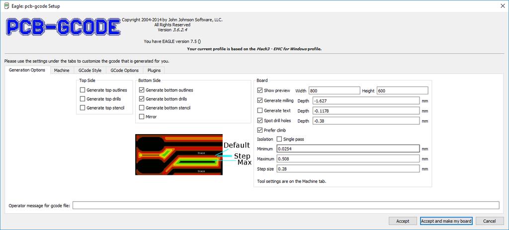 ή 627: θ ίσ ις θύ Generation Options Board Show preview Generate milling Generate text Spot drill holes Width 800 Depth Depth Height -01 ό Depth Isolation inimum aximum Step size 600-1627 ί ι ί -038