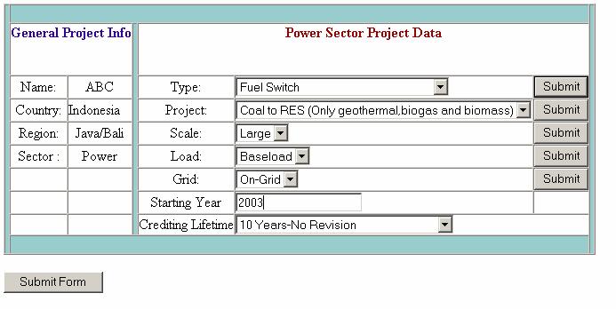 Σχήµα 10 Στη φόρµα 2,1 των έργων του τοµέα παραγωγής ηλεκτρικής ενέργειας, ο χρήστης πρέπει να παρεµβάλει τις πληροφορίες σχετικά µε τον τύπο του έργου.