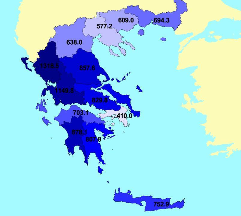 2. Kεντρικό τμήμα με ανοιχτό χρώμα (μέση βροχόπτωση). 3.