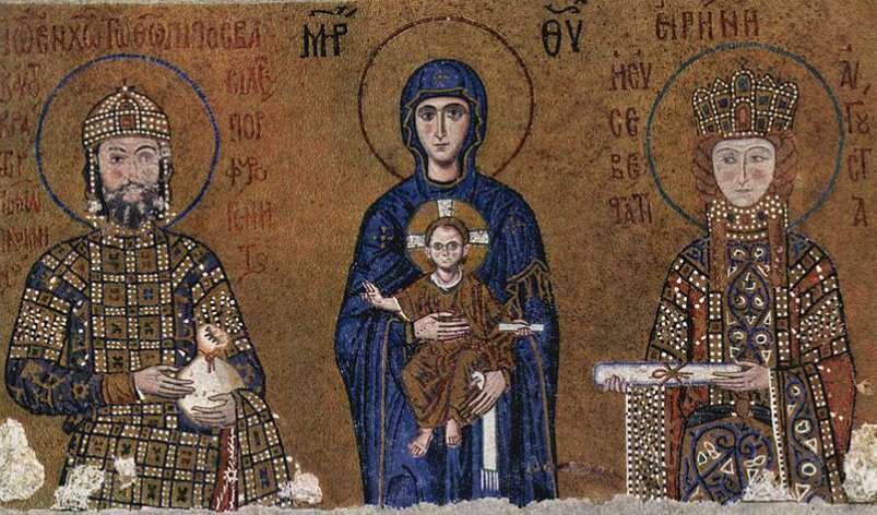 1118-1143 : Ο Ιωάννης Β Κομνηνός Παράσταση που απεικονίζει τον αυτοκράτορα Ιωάννη Β' Κομνηνό (1118-1143) και την αυτοκράτειρα Ειρήνη να πλαισιώνουν τη Βρεφοκρατούσα Παναγία.