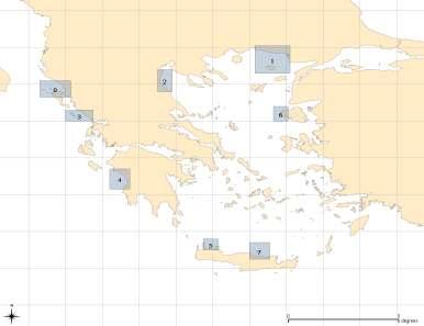 Σχήµα 1. Χάρτης του ελλαδικού χώρου µε σηµειωµένες τις οκτώ παράκτιες περιοχές. Figure 1. Map of the Hellenic region, showing the eight coastal areas of interest. 3.