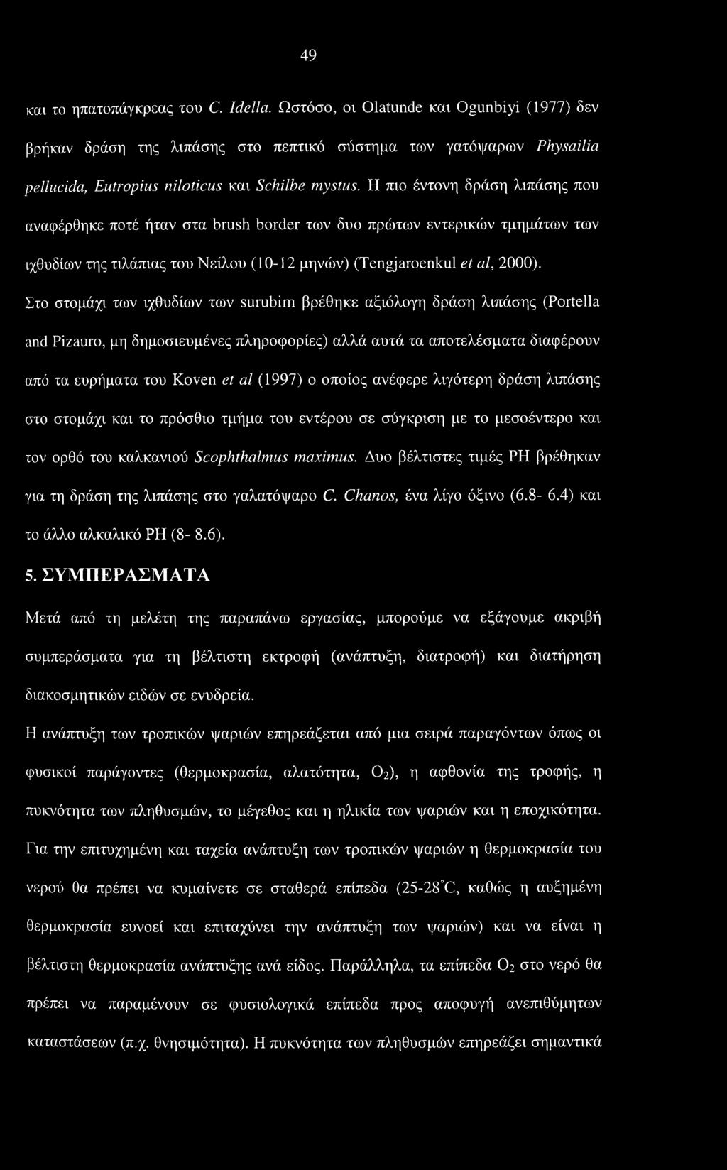 Η πιο έντονη δράση λιπάσης που αναφέρθηκε ποτέ ήταν στα brush border των δυο πρώτων εντερικών τμημάτων των ιχθυδίων της τιλάπιας του Νείλου (10-12 μηνών) (Tengjaroenkul et al, 2000).