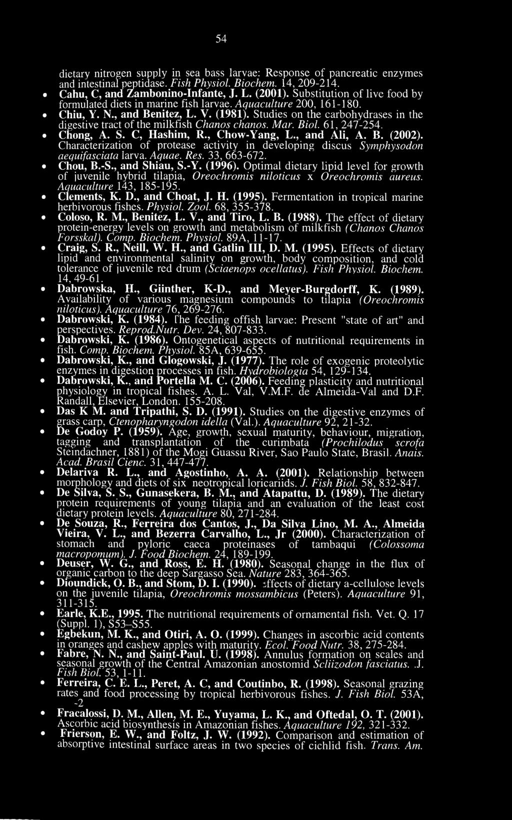 Studies on the carbohydrases in the digestive tract of the milkfish Chanos chanos. Mar. Biol. 61, 247-254. Chong, A. S. C, Hashim, R., Chow-Yang, L., and Ali, A. B. (2002).