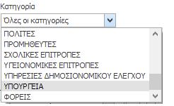 Παράδειγμα εφαρμογής συνδυαστικού φίλτρου Έστω ότι στην παρακάτω λίστα επαφών θέλουμε να αναζητήσουμε τις επαφές που ανήκουν στην Κατηγορία «Υπουργεία» και βρίσκονται στην «Περιφέρεια Αττικής».