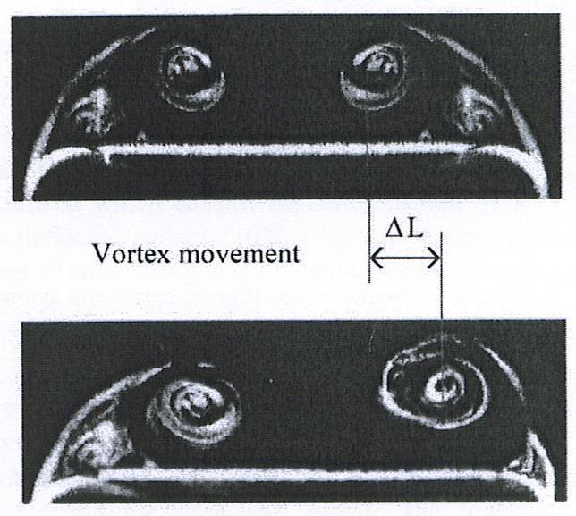 σχήμα 2.29: Αλλαγή της ενεργής γεωμετρίας σε Δέλτα-πτέρυγες Στο παραπάνω σχήμα είναι εμφανής η μετακίνηση της κύριας δίνης.