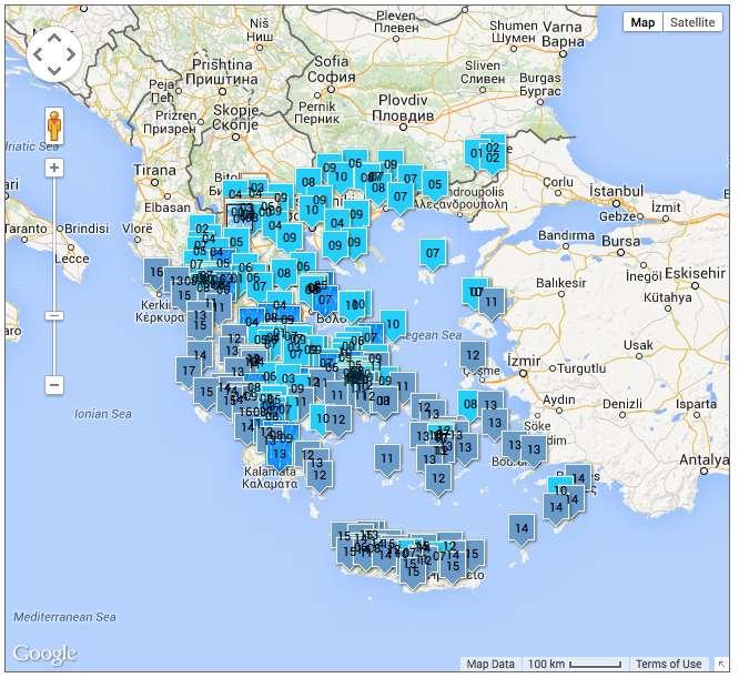 Εικόνα 3.13: Το δίκτυο αυτόματων Σταθμών στην Ελλάδα (πηγή http://meteo.gr/meteoplus/gmap.cfm) Εκ των οποίων: α. οι 25 βρίσκονται σε υψόμετρο μεγαλύτερο των 1000 m β.