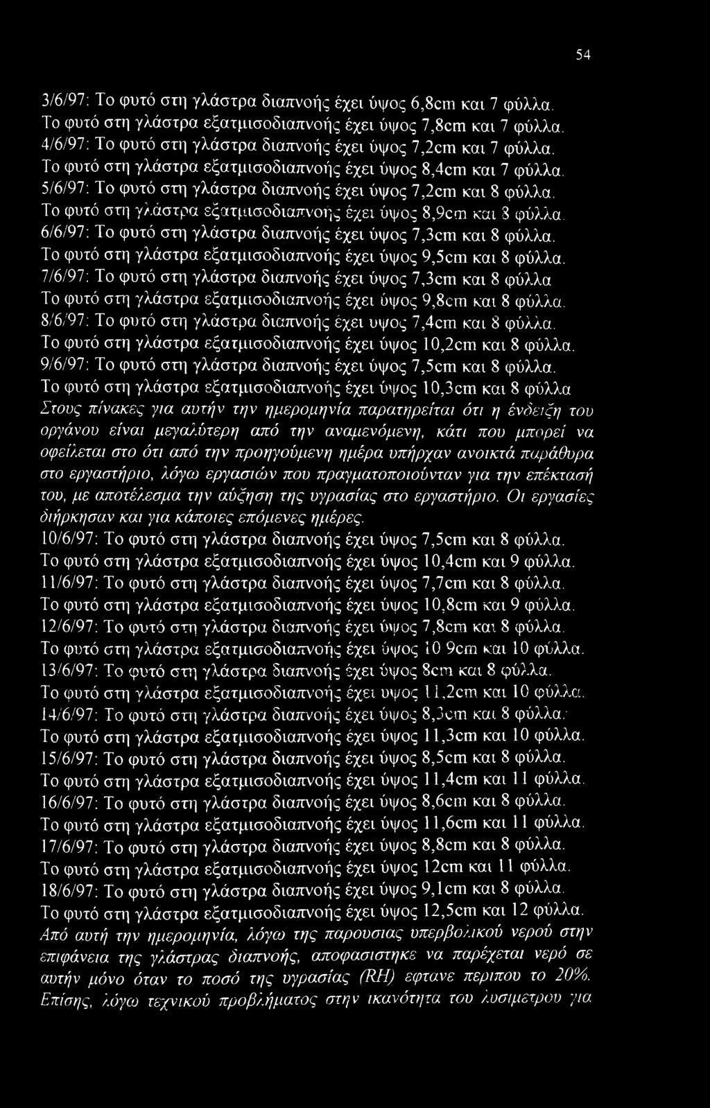 6/6/97: Το φυτό στη γλάστρα διαπνοής έχει ύψος 7,3cm και 8 φύλλα. Το φυτό στη γλάστρα εξατμισοδιαπνοής έχει ύψος 9,5cm και 8 φύλλα.