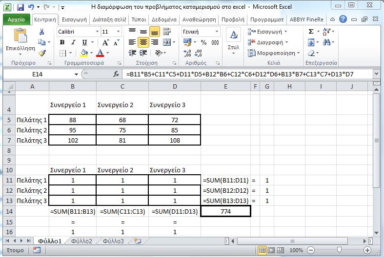 Κατά τη διαμόρφωση, προκειμένου να εκφραστούν οι περιορισμοί του προβλήματος, ορίζονται με τη συνάρτηση =SUM() του Excel οι συναρτήσεις αθροισμάτων και συνολικού κόστους, όπως