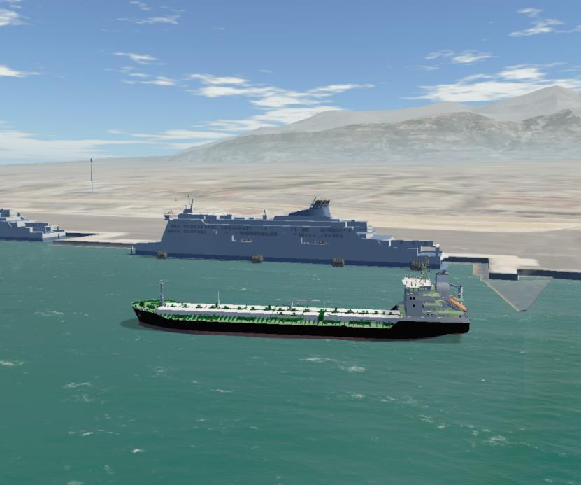 Navigational simulation Feeder vessel perfroming bunkering operations LNG barge vessel