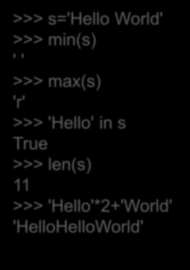 Άλλες λειτουργίες >>> s='hello World' >>> min(s) ' ' >>> max(s) 'r' >>>