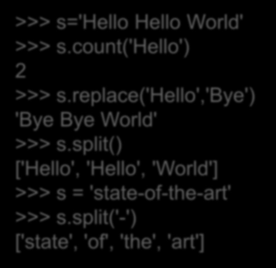 Μέθοδοι Αλφαριθμητικών >>> s='hello Hello World' >>> s.count('hello') 2 >>> s.replace('hello','bye') 'Bye Bye World' >>> s.split() ['Hello', 'Hello', 'World'] >>> s = 'state-of-the-art' >>> s.