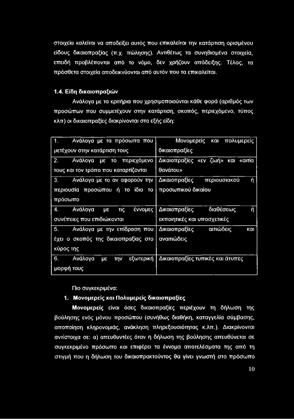 Είδη δικαιοττραξιών Ανάλογα με τα κριτήρια που χρησιμοποιούνται κάθε φορά (αριθμός των προσώπων που συμμετέχουν στην κατάρτιση, σκοπός, περιεχόμενο, τύπος κλπ) οι δικαιοπραξίες διακρίνονται στα εξής