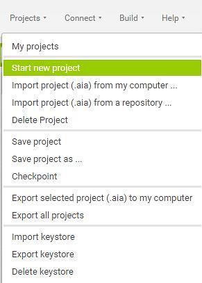 Για να δημιουργήσουμε μια νέα εφαρμογή επιλέγουμε: Start New Project από το μενού Projects.