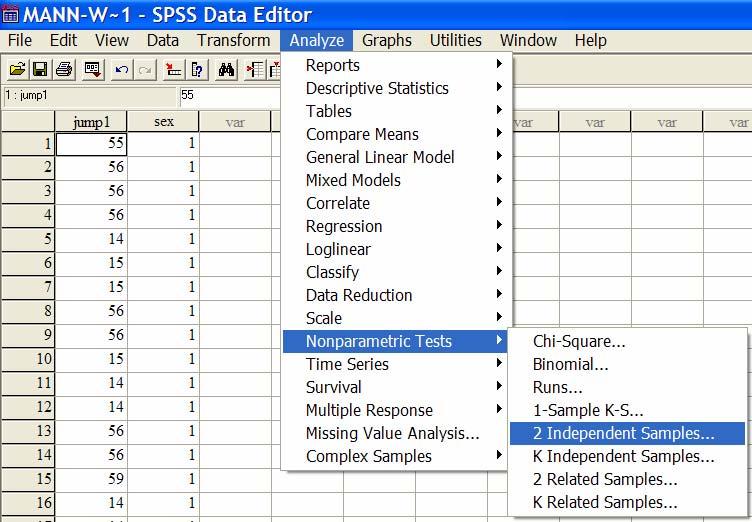 Διεξαγωγή του μη-παραμετρικού τεστ Mann Whitney U Από το μενού «Analyze επιλέγουμε «Nonparametric Tests» και στη συνέχεια «2 Independent Samples» (Εικ. 1).