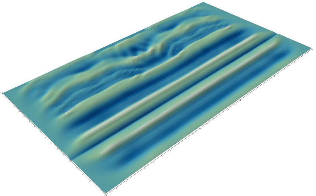 As they get past the breakwater, secondary crests appear due to the release of higher harmonics. The rip current causes the combined refraction and diffraction of arriving waves. Fig.4.
