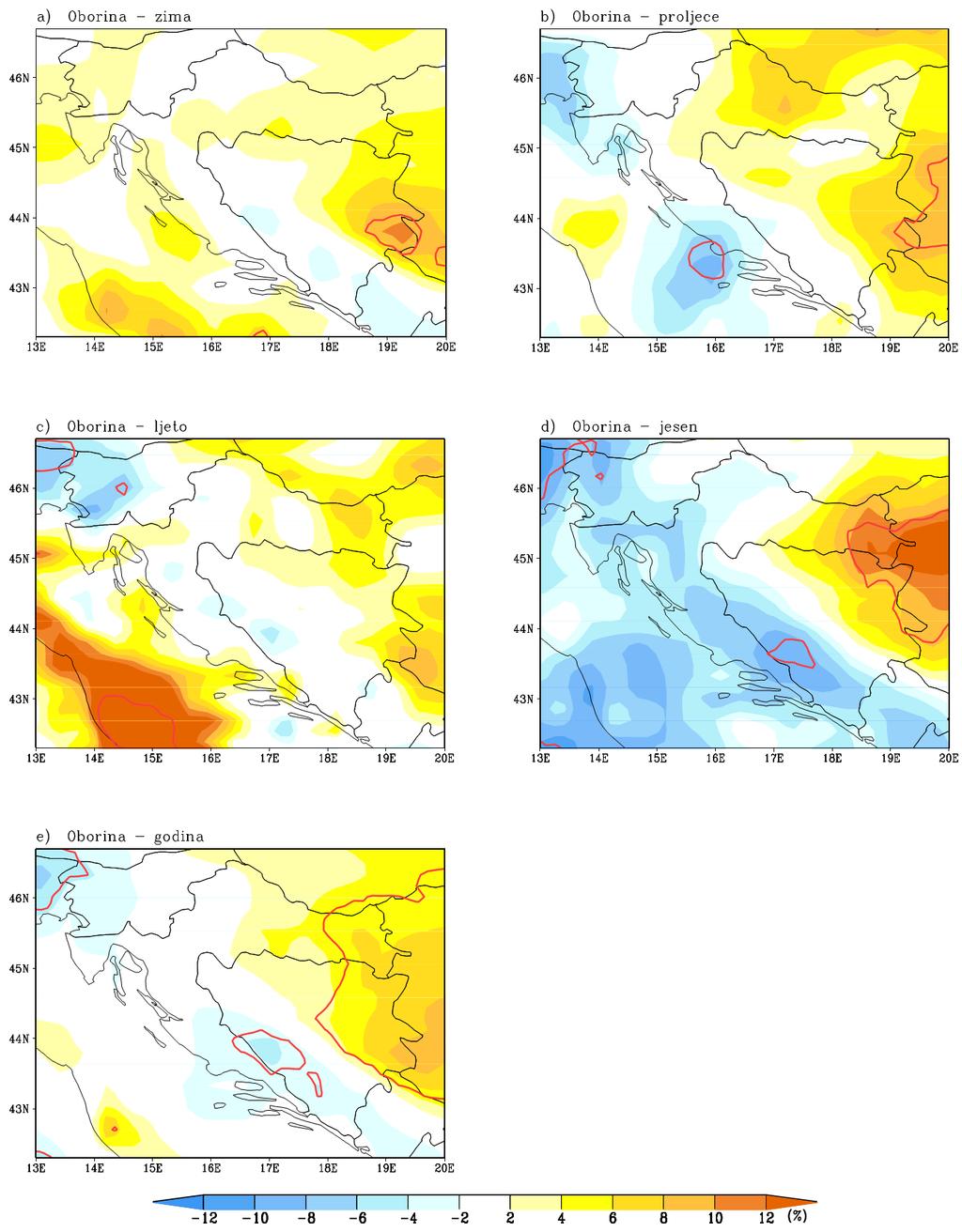 svim sezonama i za godinu promjena učestalosti ekstremnih oborina (R95) zanemariva, povećanja R95T su uglavnom povezana s povećanjem količina ekstremnih oborina, a u manjem dijelu i sa smanjenjem