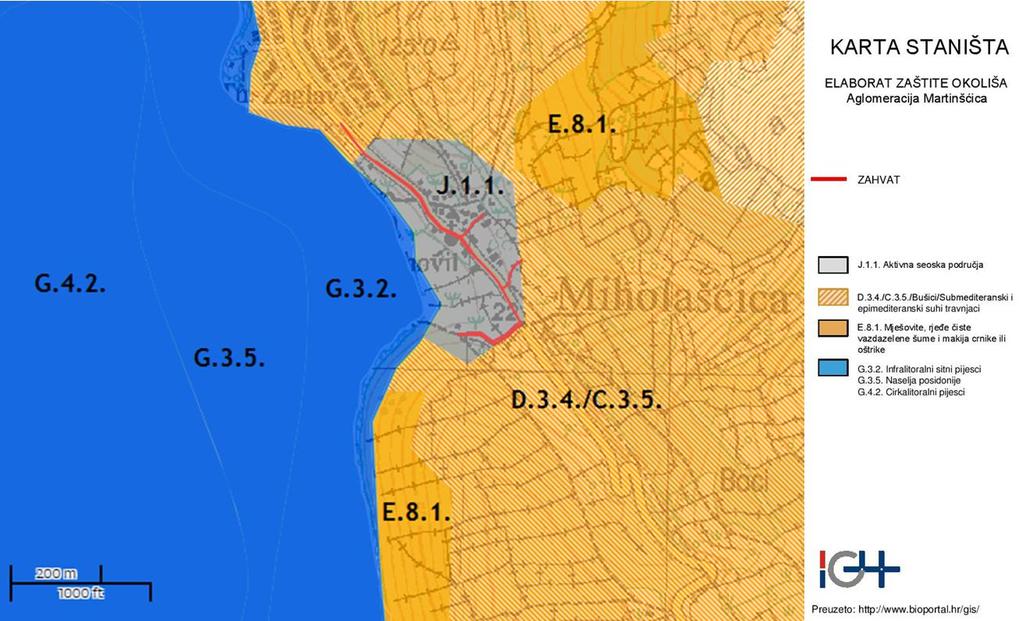 Slika 3.1.7.2-1. Izvod iz Karte staništa RH s ucrtanim zahvatom (podloga preuzeta s www.