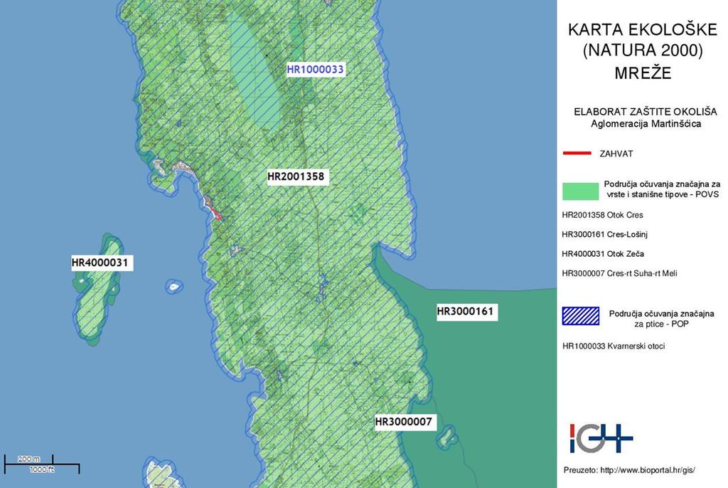 Slika 3.1.7-3. Izvod iz Karte ekološke mreže RH (Natura 2000) s ucrtanim zahvat (podloga preuzeta s www.