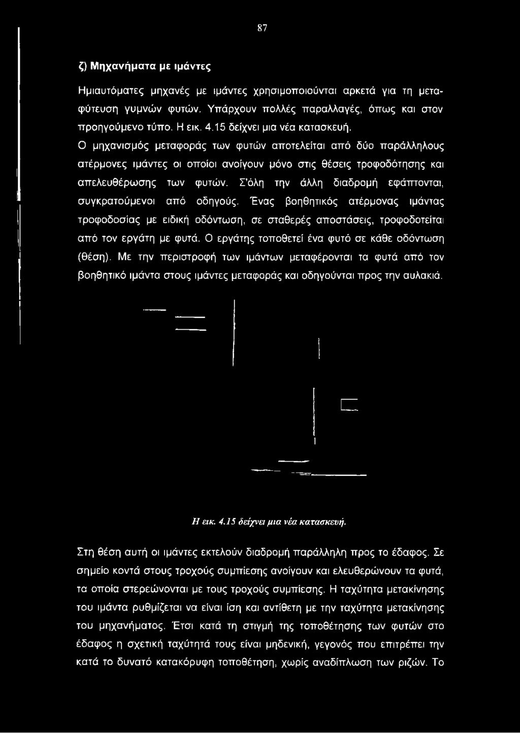 Σ'όλη την άλλη διαδρομή εφάπτονται, συγκρατούμενοι από οδηγούς. Ένας βοηθητικός ατέρμονας ιμάντας τροφοδοσίας με ειδική οδόντωση, σε σταθερές αποστάσεις, τροφοδοτείται από τον εργάτη με φυτά.