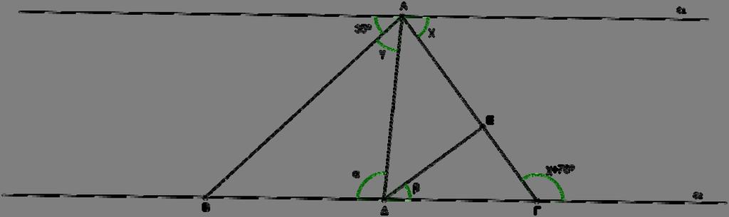 (5) Στο πιο κάτω σχήμα ε 1 // ε, ΔΕ ύψος του τριγώνου ΑΔΓ και η ΑΔ είναι διχοτόμος της γωνίας ΒΑΓ. 1 (α) Να βρείτε τις γωνίες χ, α, β και γ, δικαιολογώντας τις απαντήσεις σας. (μον.