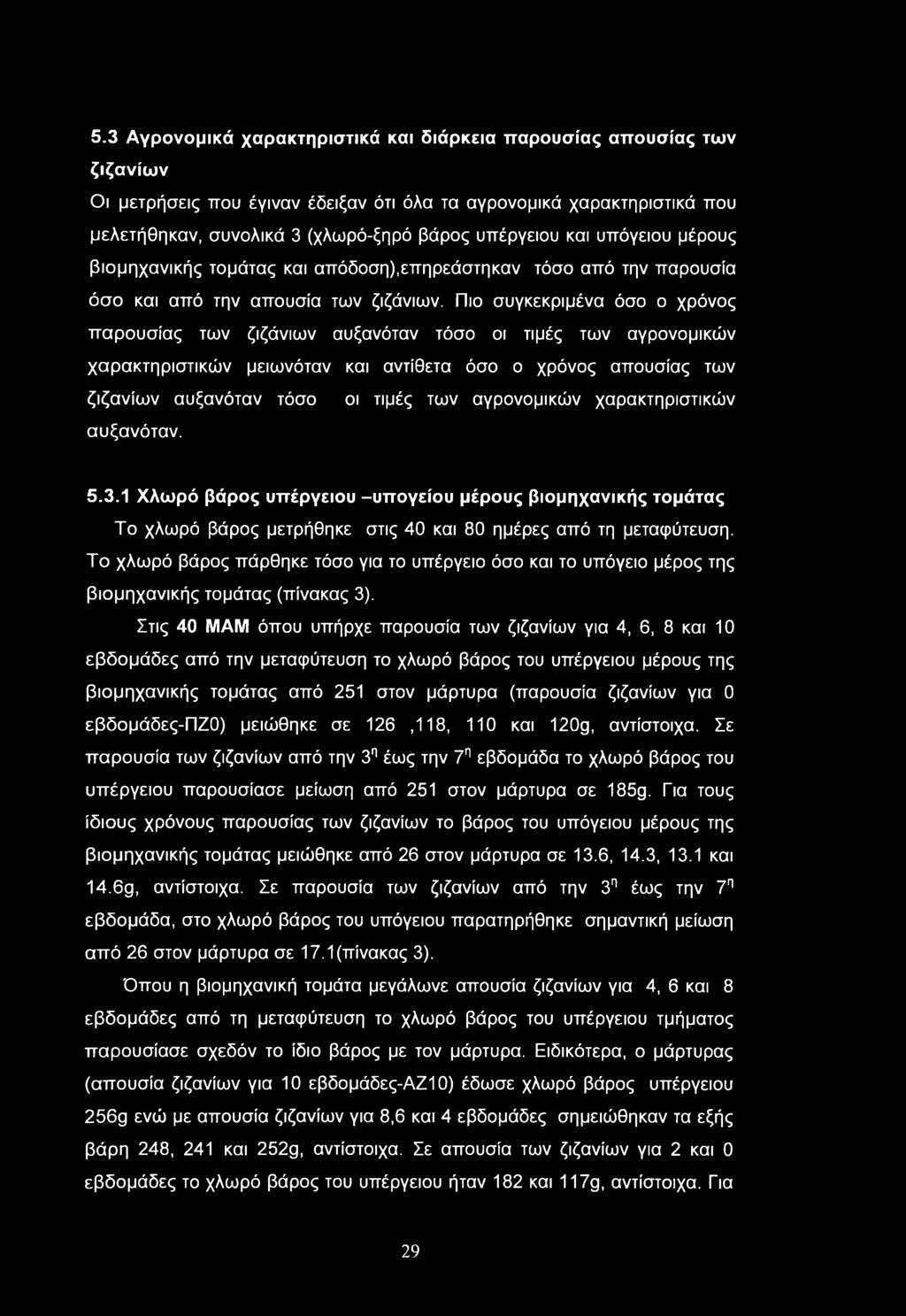5.3 Αγρονομικά χαρακτηριστικά και διάρκεια παρουσίας απουσίας των ζιζανίων Οι μετρήσεις που έγιναν έδειξαν ότι όλα τα αγρονομικά χαρακτηριστικά που μελετήθηκαν, συνολικά 3 (χλωρό-ξηρό βάρος υπέργειου