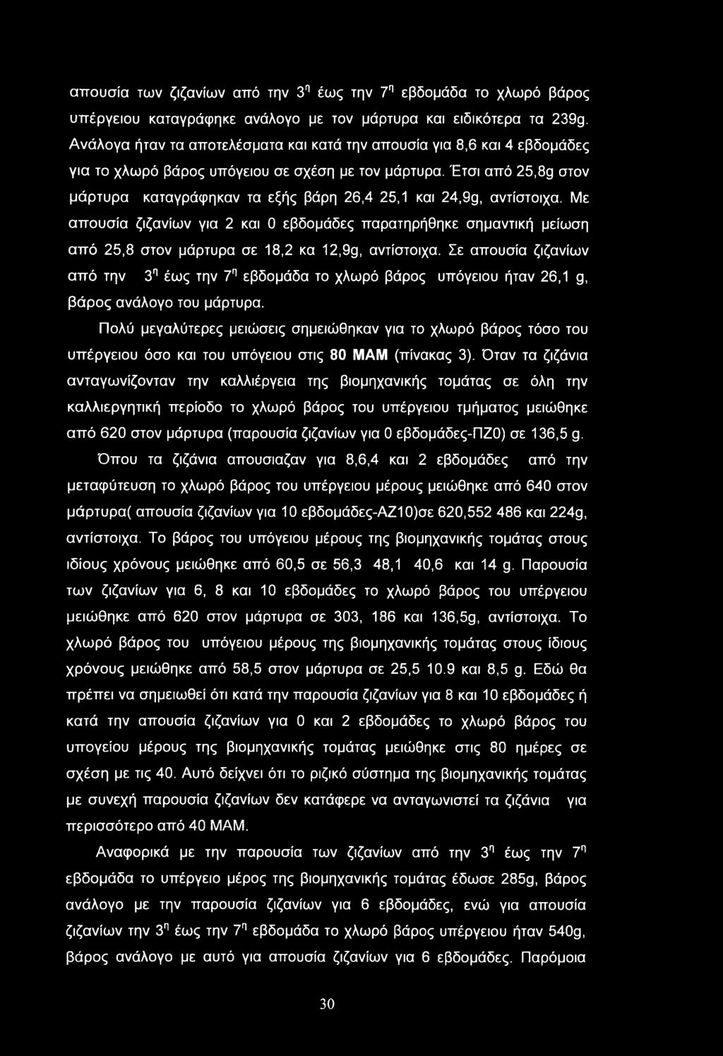 απουσία των ζιζανίων από την 3η έως την 7η εβδομάδα το χλωρό βάρος υπέργειου καταγράφηκε ανάλογο με τον μάρτυρα και ειδικότερα τα 239g.