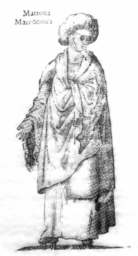 40 На две гравури од Чезаре Вечели со претстави на женскиот костим од крајот на XVI век, жените на главите имаат високи капи во вид на кошнички, проширени во горниот дел и накнадно обвиткани со