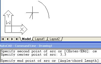 Comenzi de desenare - ARC Pentru selectarea opţiunii se tastează literele C şi E Se va introduce centrul arcului prin una din metodele de indicare ale punctelor În continuare sunt posibile