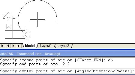Comenzi de desenare - ARC Pentru selectarea opţiunii se tastează literele E şi N Se va introduce punctul de sfârţit al arcului prin una din metodele de indicare ale punctelor În continuare sunt