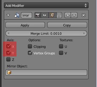 Προσθέστε ένα mirror modifier, προσέχοντας να είναι ενεργές οι επιλογές X και Y.