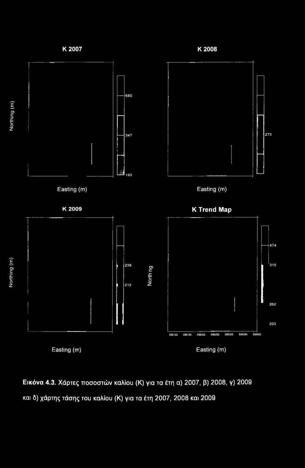 3. Χάρτες ποσοστών καλίου (Κ) για τα έτη α) 2007, β) 2008, γ)