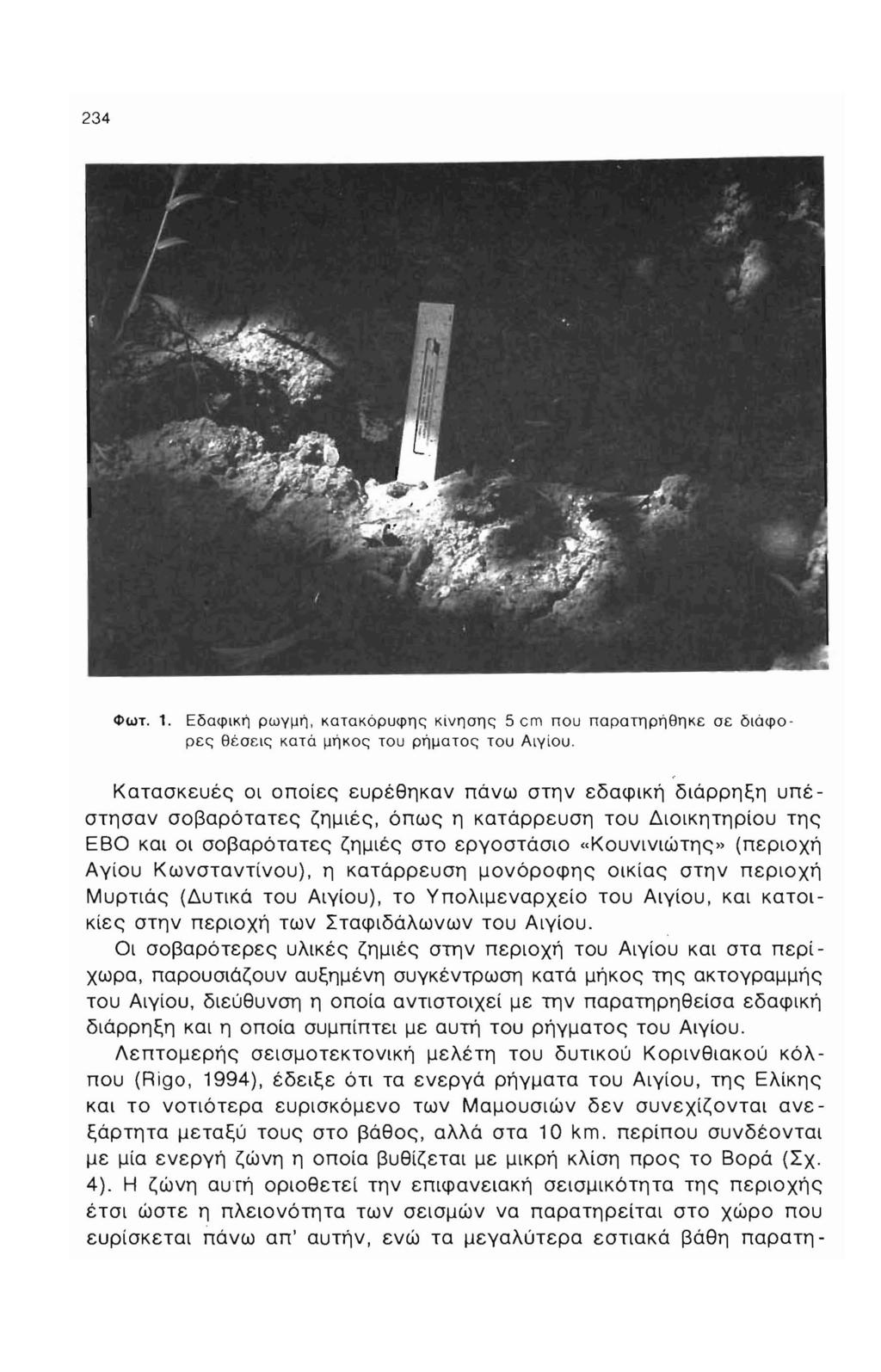 234 Φωτ. 1. Εδαφική ρωγμή, κατακόρυφης κίνησης 5 cm πυ παρατηρήθηκε σε διάφρες θέσεις κατά μήκς τυ ρήματς τυ Αιγίυ.