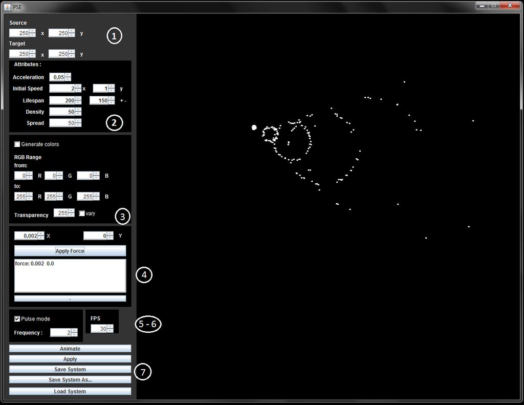 Particle System Editor Εικόνα 18 Διεπαφή Particle System Editor Πάνελ 1 : Τα πεδία source (x, y) και target (x, y) ορίζουν τα σημεία απο όπου δημιουργούνται και που κατευθύνονται τα σωματίδια