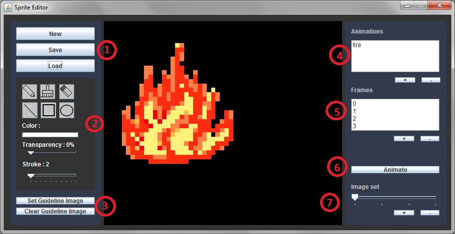 Sprite Editor Εικόνα 19 Διεπαφή Sprite Editor 1: Επιλογές για νέο αρχείο, σώσιμο και φόρτωση υπάρχον. Για να φορτώσουμε Sprite επιλέγουμε την εικόνα, για AnimatedSprite επιλέγουμε ολόκληρο τον φάκελο.