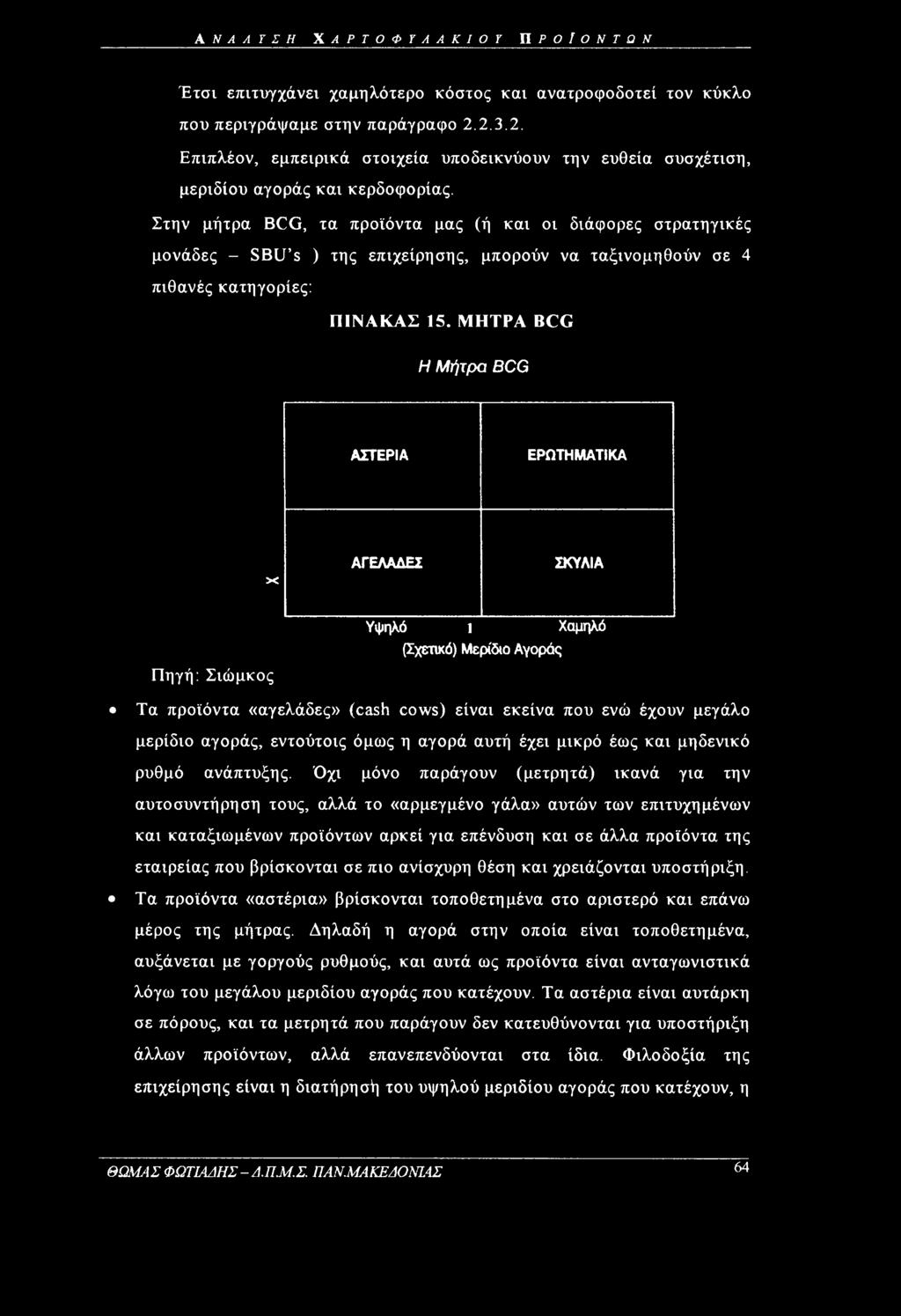 Στην μήτρα BCG, τα προϊόντα μας (ή και οι διάφορες στρατηγικές μονάδες - SBU s ) της επιχείρησης, μπορούν να ταξινομηθούν σε 4 πιθανές κατηγορίες: ΠΙΝΑΚΑΣ 15.