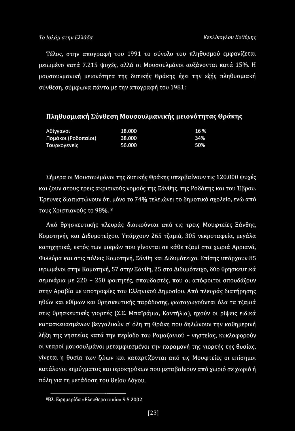 000 16% Πομάκοι (Ροδοπαίοι) 38.000 34% Τουρκογενείς 56.000 50% Σήμερα οι Μουσουλμάνοι της δυτικής Θράκης υπερβαίνουν τις 120.