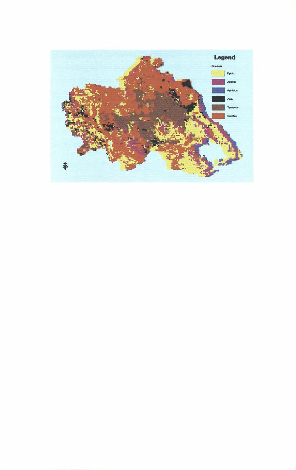 Κεφάλαιο 4ο- Μεθοδολογία Εικόνα 4.5: Χάρτης περιοχής μελέτης ταξινομημένος ανά pixel. 4.5 Χωρική και χρονική επέκταση των δεδομένων Το συγκεκριμένο στάδιο της μεθοδολογίας έχει ως στόχο να επεκτείνει χωρικά και χρονικά τα αρχικά δεδομένα.