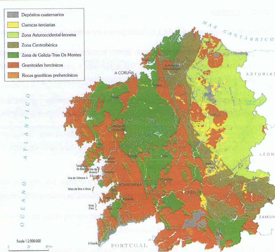 MAPA XEOLÓXICO DE GALICIA A configuración topográfica de Galicia, con alternancia de montañas e vales, dificulta as comunicacións da costa ata o interior, e do interior cara á Península, os accesos