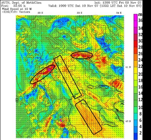 Σχήμα 4.16: απεικόνιση από το πλέγμα D3 του WRF του επιφανειακού ανέμου στα 10 μέτρα στην ευρύτερη περιοχή της Κεντρικής Μακεδονίας.